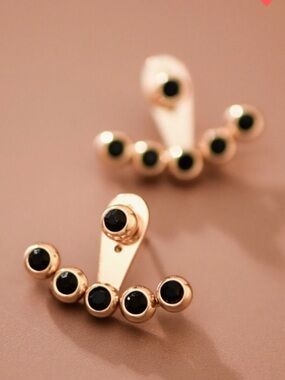 354. 18K Gold Plated Stainless steel Black Crystal Ear Jacket stud earrings